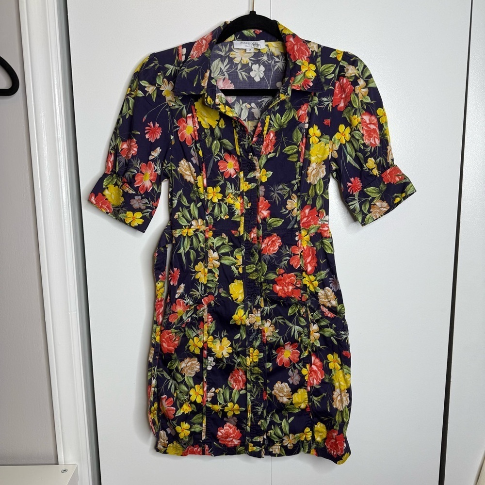 Marissa Webb Multi Floral Printed Puff Sleeve Shirt Dress Size 2 Navy Blue - Picture 2 of 11